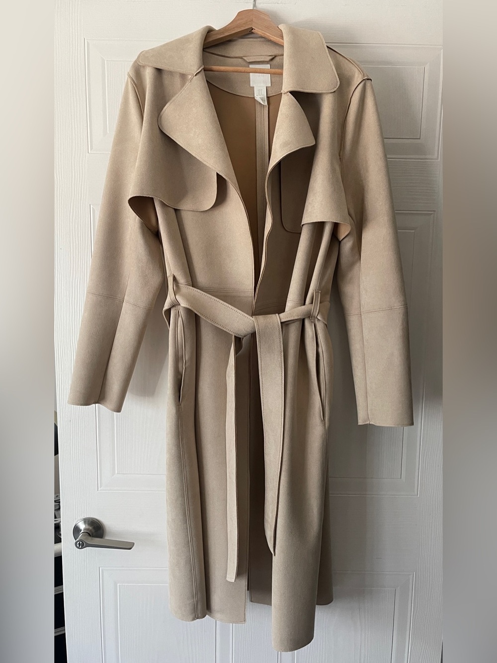 H&M Classic Beige Faux Suede Single Breasted Trench Coat with Belt
